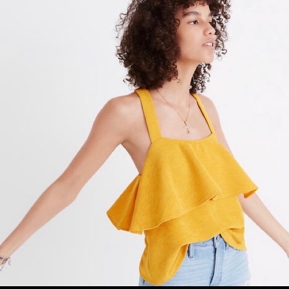 Madewell Tank Top Gold Criss Cross Strap Crop Medium Yellow Ribbed Ruffle - Picture 2 of 16